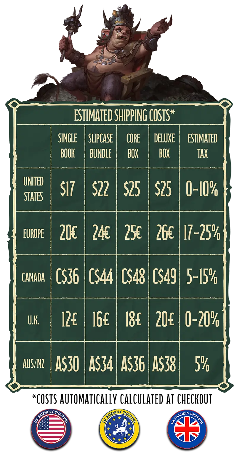 Estimated shipping costs table — full breakdown follows this image.